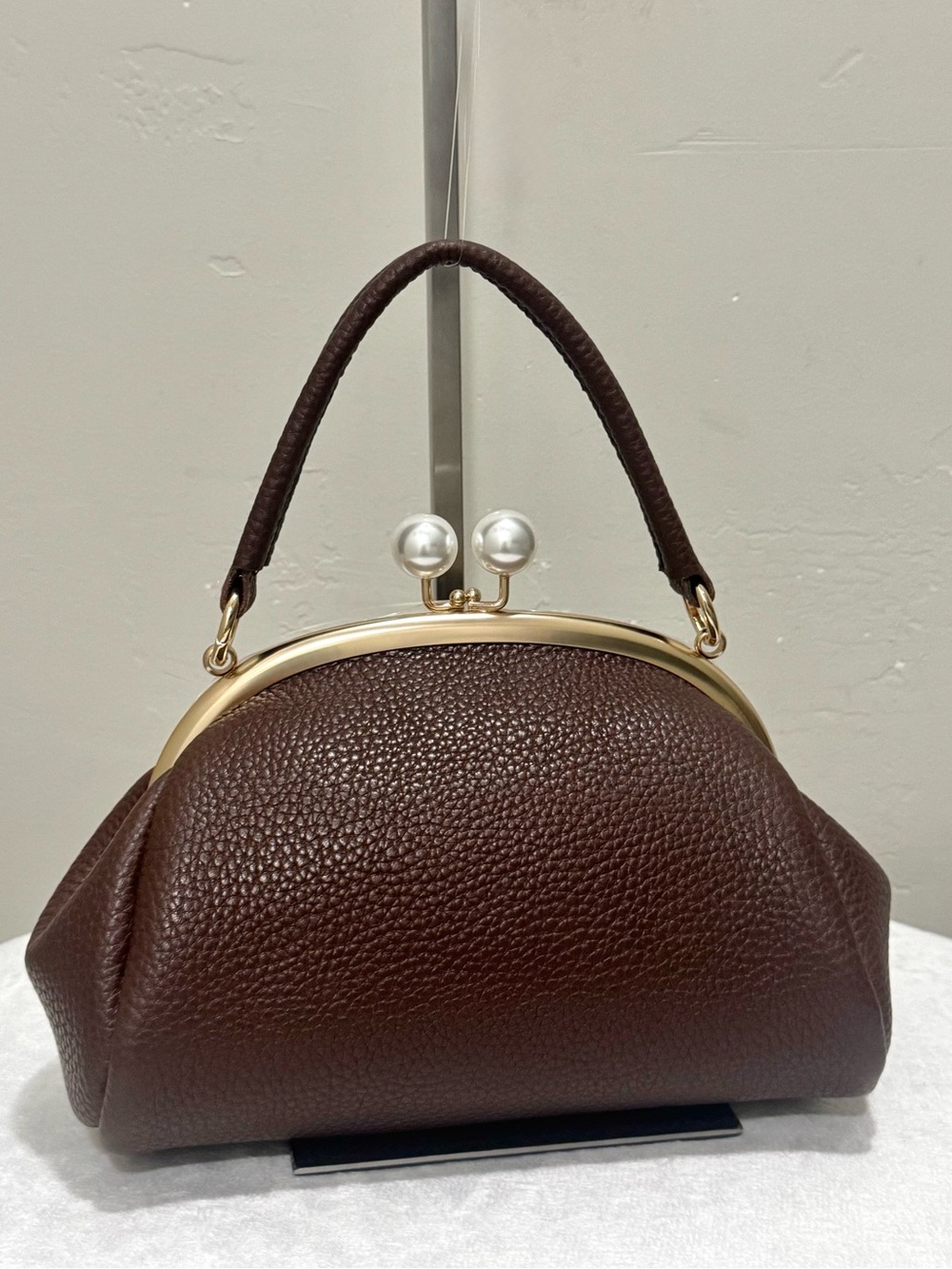 Brown Togo Cowhide Handmade “Pearl” Kisslock Frame Clutch Bag, Multi Use Style
